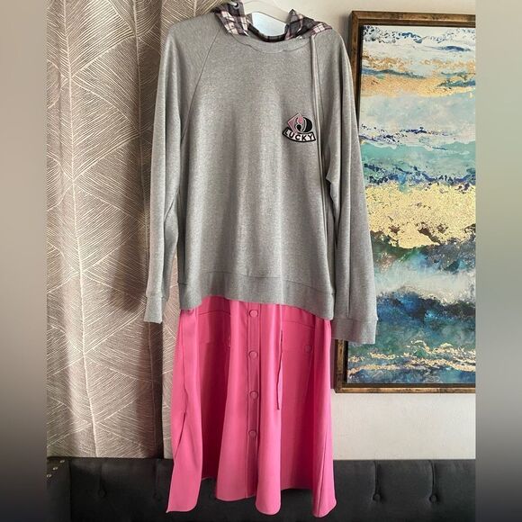 Lucky Chouette Logo Gray Pink Pullover Casual Sweatshirt Midi Dress Sz 36 S Cap - Picture 3 of 15